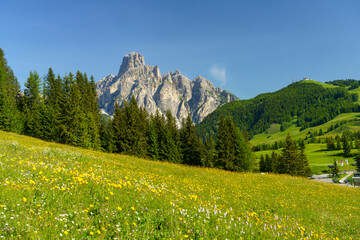 Obraz premium Mountain landscape along the road to Campolongo pass, Dolomites