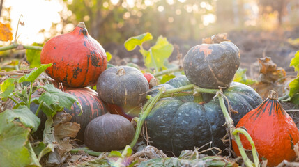 autumn harvest. Red yellow brown ripe pumpkins lying on the ground in an outdoor garden. Natural ecological background.