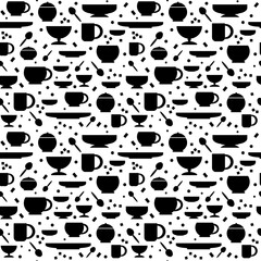 Seamless pattern with tea and coffee utensils. Black Silhouettes of cups, spoons, saucers on a white background. Vector illustration in flat style