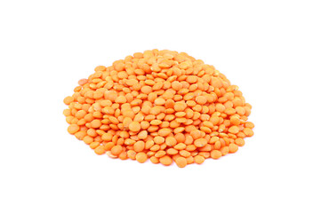 Orange lentils isolated on a white background. Heap of raw red lentil. Vegan food. Healthy food