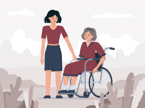 Granddaughter congratulates her grandmother on december the third with international day of disabled persons. Flat vector illustration of a female in a wheelchair.