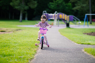 Fototapeta premium young girl ridding bicycle on summer garden morning
