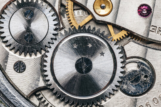 Mechanical clock mechanism in motion macro