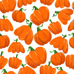Seamless pattern with orange pumpkins. Bitmap illustration. Autumn halloween pumpkin.