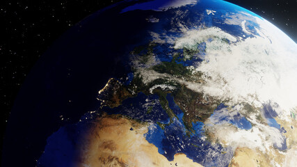 Continent of Europe seen from space. Transition from night to day