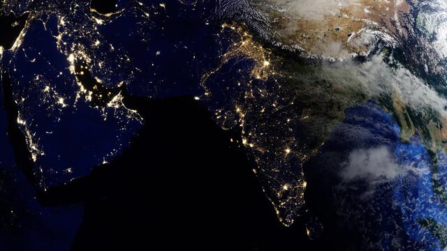 Planet Earth transitioning from night to day over Indian subcontinent. Realistic animation. Elements of this video furnished by NASA