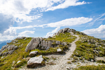 Hiking trail in Dolomites Brenta in Adamello Brenta Nature Park, Italy.