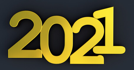 2021 New year isolated on black background. Shiny gold sign, 3D render