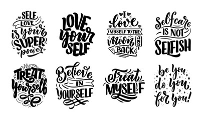 Set with selfcare lettering quotes for blog or sale. Time to something nice. Beauty, body care, premium cosmetics, delicious, ego. Modern calligraphy. Vector design prints