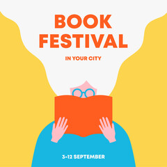 Woman holding an open book and reading. Poster for books festival, education, culture festival day, library or other reading or literature event. Front view. Trendy flat vector illustration.