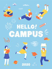 Student characters showing various activities on campus life. knowledge, relaxation, education, Information, university concept. Young people with gadgets and books. illustration vector flat design