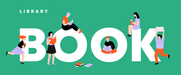 Book festival poster concept. young men and women reading a books. Small people sitting on big letters. contemporary style. poster and banner. vector illustration flat design