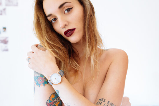 Woman beauty portrait with wrist watch