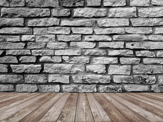 Old grey stone brick wall interior background.