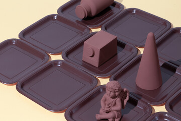 Abstract stylish minimal objects and plastic plate. Chocolate colors creative isometric background