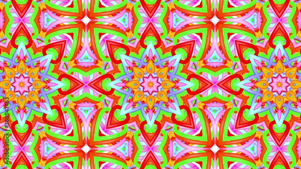 Poster multicolored moving kaleidoscope patterns. abstract looped animated background. 3d render