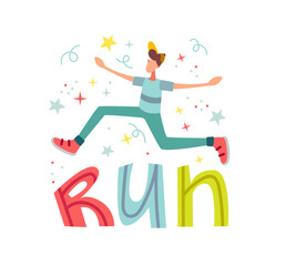 A man jumps or runs.Happiness emotion facial expressing hold hand empty place concept. 