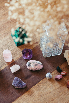 Crystals and Rocks on Wooden Table