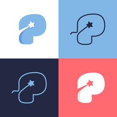 P letter logo set consisting of comet tail and negative space star icon.