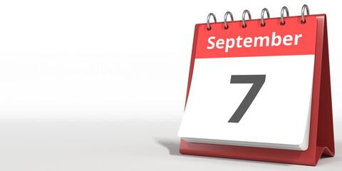 September 7 date on the flip calendar page, 3d rendering