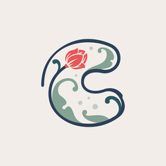 Floral botanical letter C logo made of line, leaves and flower.
