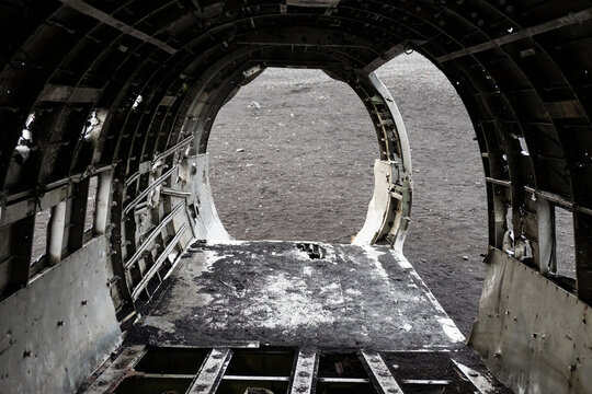 Interior of crashed Navy Douglas Super DC-3 plane in Vik, Iceland