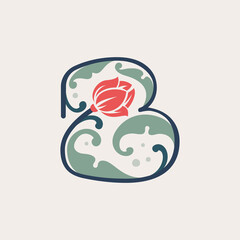 Floral botanical letter B logo made of line, leaves and flower.
