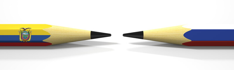 Pencils with flags of Ecuador and Russia. Political conflict concept. 3d rendering