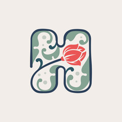 Floral botanical letter H logo made of line, leaves and flower.