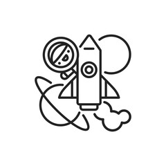 Space tourism line black icon. Cute character in spaceship kawaii pictogram. Sign for web page, mobile app, button, logo. Vector isolated element. Editable stroke.