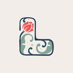 Floral botanical letter L logo made of line, leaves and flower.