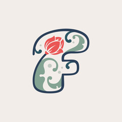 Floral botanical letter F logo made of line, leaves and flower.