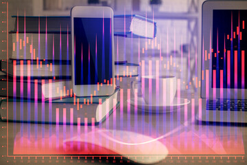 Double exposure of financial graph drawing and cell phone background. Concept of forex trading