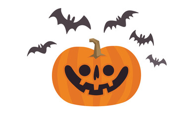 Happy Halloween design. Cute pumpkin with carved smile face, spooky season. Flying bats. Funny illustration. Trick or treat decoration.