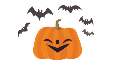 Happy Halloween design. Cute pumpkin with carved smile face, spooky season. Funny illustration. Trick or treat decoration.