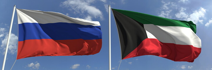National flags of Russia and Kuwait, 3d rendering
