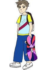 Skater drawing walking holding skateboard school kid backpack loose pants