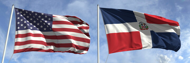 Flags of the USA and the Dominican Republic on flagpoles. 3d rendering