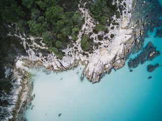 white cliffs and green forest beside crystal clear mediteranean