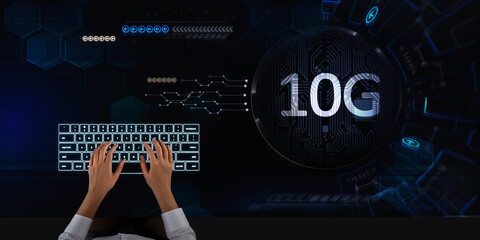 Business woman working on 10G technology on touch screen