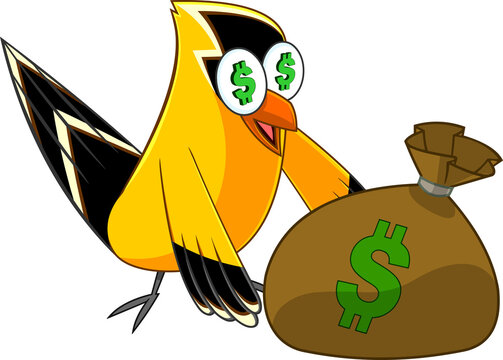 recommend clip art: Goldfinch Bird Cartoon Character With Money Bag. Vector Illustration Isolated On White Background