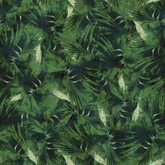 Green tropical palm tree leaves seamless pattern. High quality illustration. Vivid, detailed, and highly textured graphic design. Trendy jungle foliage for fabric or repeat surface design.