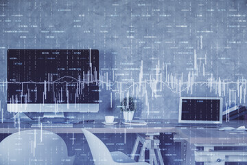 Multi exposure of financial graph drawing and office interior background. Concept of market analysis.