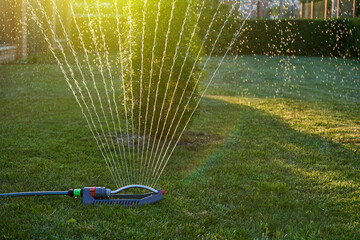 A sprinkler watering a bright lawn against a sunset background