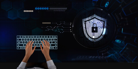 Business woman works on touch screen about Internet Security