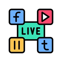 live and streaming related play button, facebook,with twitter and written text vector with editable stroke,