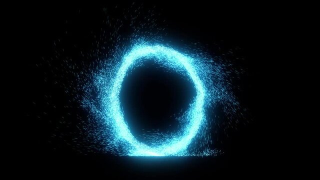 Abstract sparky magical opening and closing portal. Space-time portal to travel to another location. Set of three portal of blue, green and red on black background with alpha channel, 3D animation