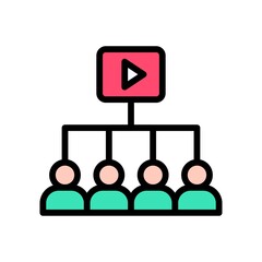 live and streaming related play button with characters or boys with hearts vector with editable stroke,