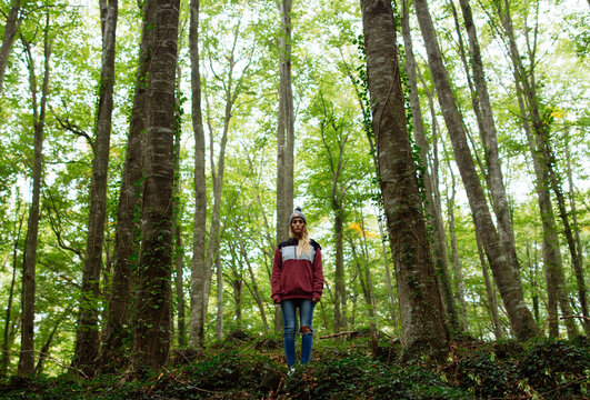 Portrait of woman in the forest between trees