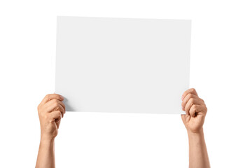 Male hands with blank paper on white background